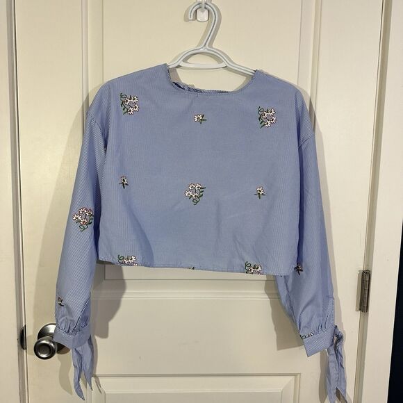 Bleuh Ciel Tops - Bleuh Ciel Womens Blouse Medium Blue Striped Backless Big Bow Tie Embroidered